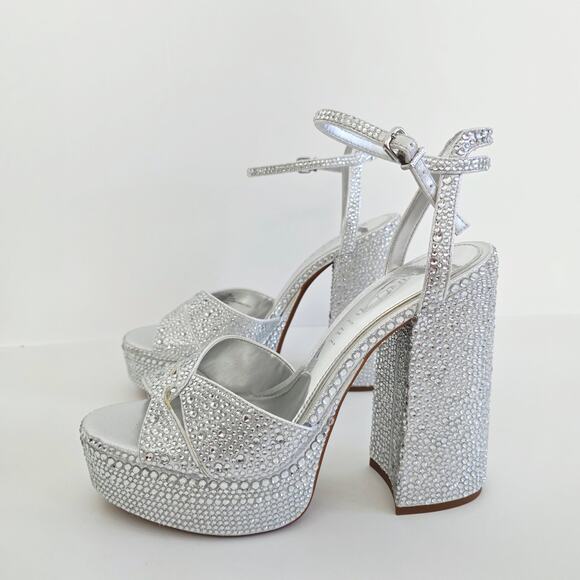 Gianni Bini Chrome Rhinestone Sparkly Silver Sandals Platform Heels Size 9.5 - Picture 9 of 10